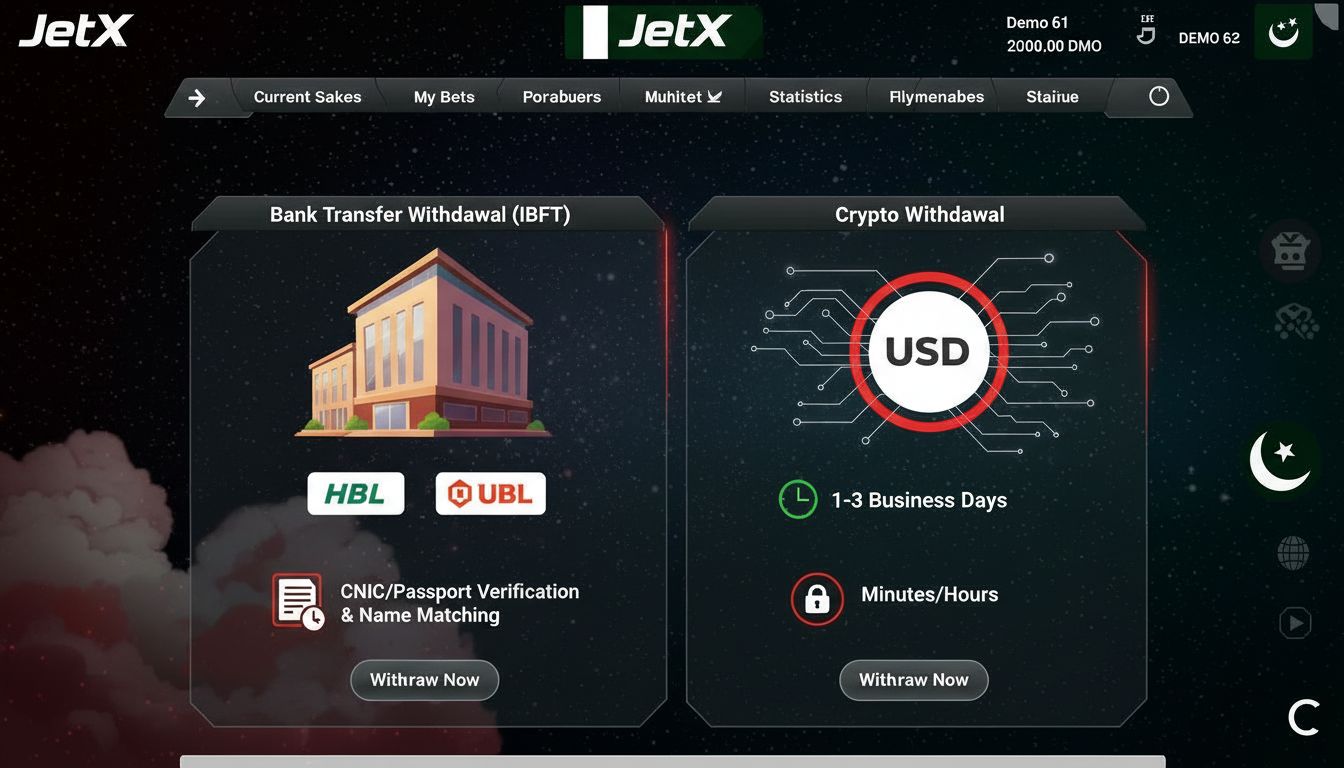 Comparison of bank transfer vs crypto withdrawals in Pakistan for JetX with time differences and verification icons